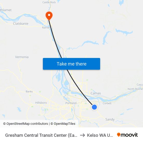 Gresham Central Transit Center (East) to Kelso WA USA map