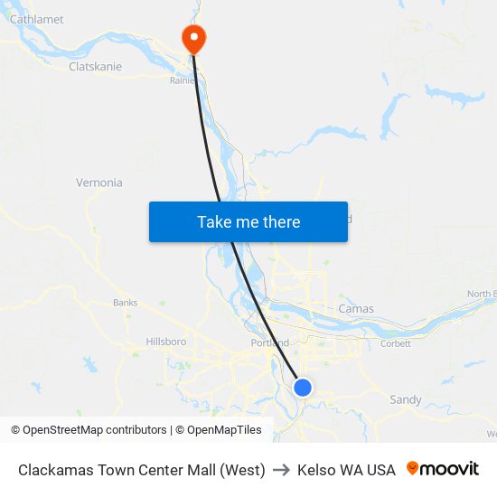 Clackamas Town Center Mall (West) to Kelso WA USA map