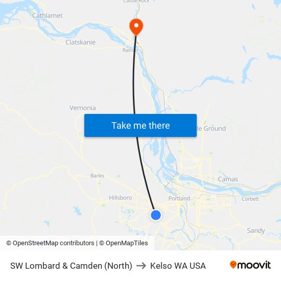 SW Lombard & Camden (North) to Kelso WA USA map