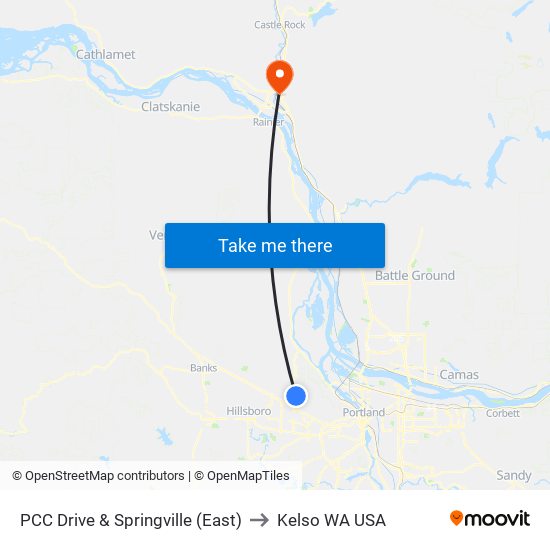 PCC Drive & Springville (East) to Kelso WA USA map