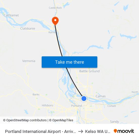 Portland International Airport - Arrivals to Kelso WA USA map