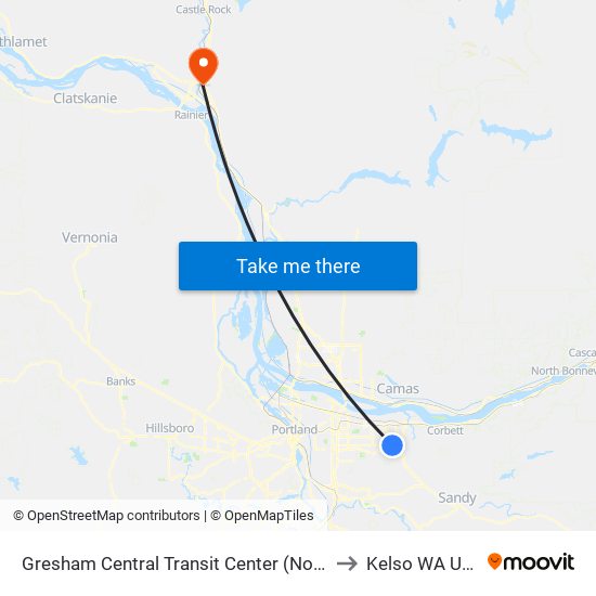 Gresham Central Transit Center (North) to Kelso WA USA map
