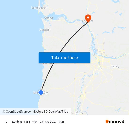 NE 34th & 101 to Kelso WA USA map