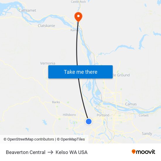 Beaverton Central to Kelso WA USA map