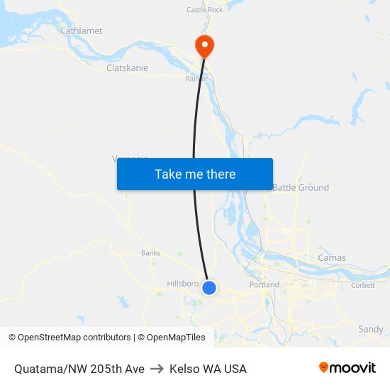 Quatama/NW 205th Ave to Kelso WA USA map