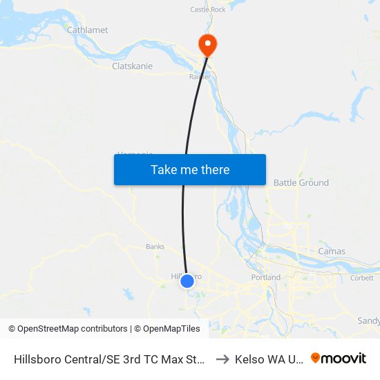 Hillsboro Central/SE 3rd TC Max Station to Kelso WA USA map