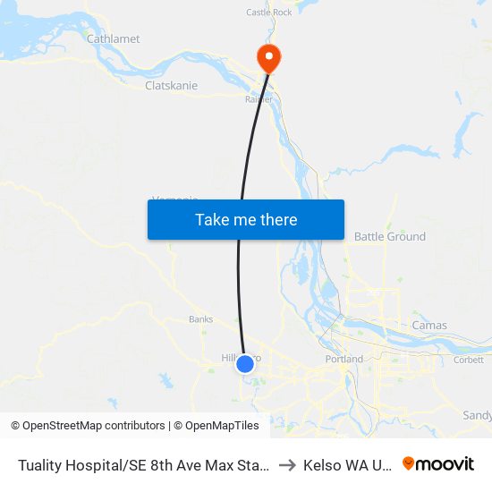 Tuality Hospital/SE 8th Ave Max Station to Kelso WA USA map