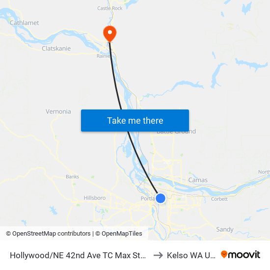 Hollywood/NE 42nd Ave TC Max Station to Kelso WA USA map