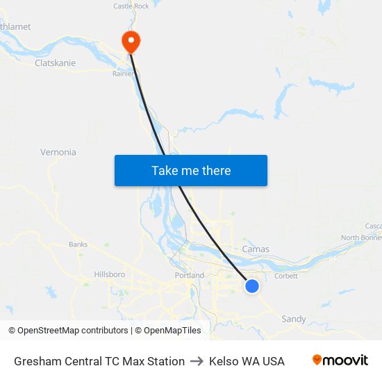 Gresham Central TC Max Station to Kelso WA USA map