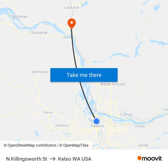 N Killingsworth St to Kelso WA USA map