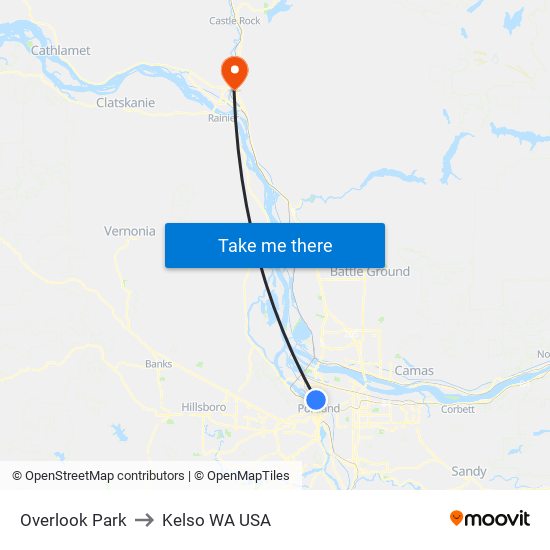 Overlook Park to Kelso WA USA map