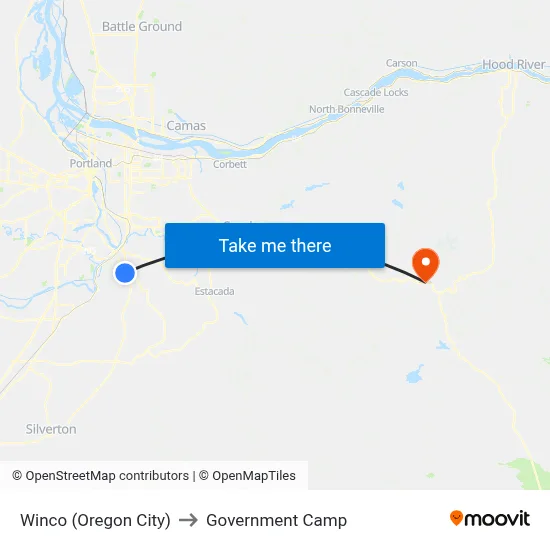Winco (Oregon City) to Government Camp map