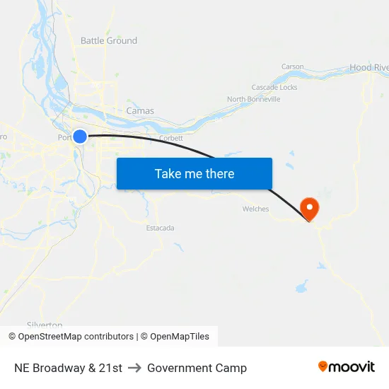 NE Broadway & 21st to Government Camp map