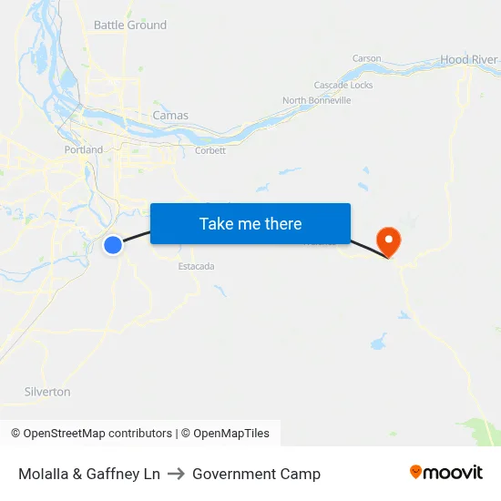 Molalla & Gaffney Ln to Government Camp map