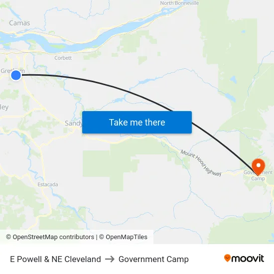 E Powell & NE Cleveland to Government Camp map