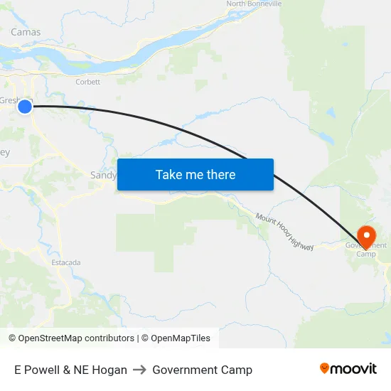 E Powell & NE Hogan to Government Camp map