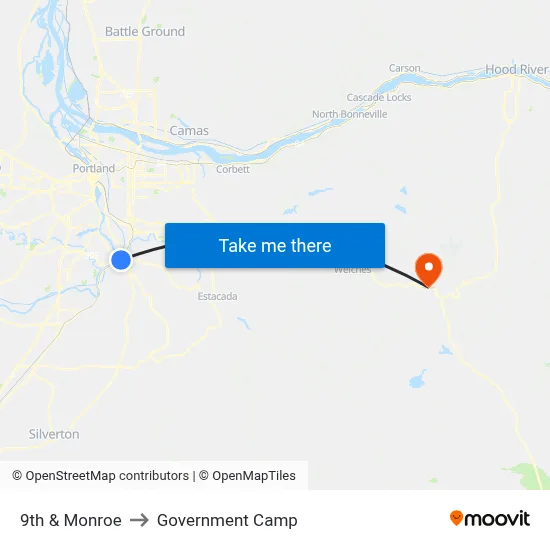 9th & Monroe to Government Camp map