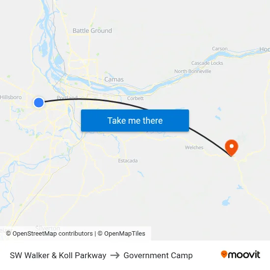 SW Walker & Koll Parkway to Government Camp map