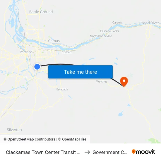 Clackamas Town Center Transit Center to Government Camp map
