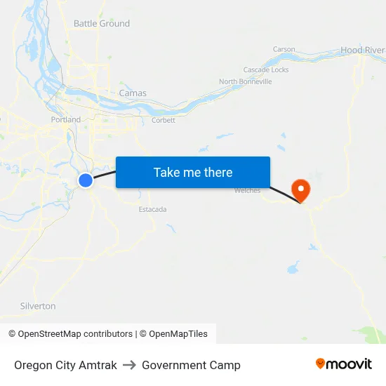 Oregon City Amtrak to Government Camp map
