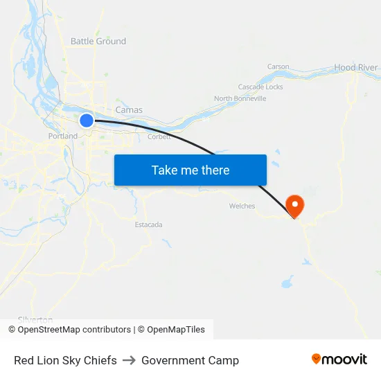 Red Lion Sky Chiefs to Government Camp map