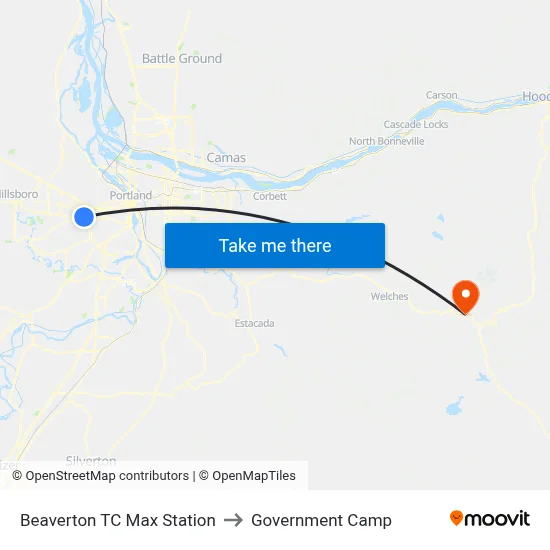 Beaverton TC Max Station to Government Camp map