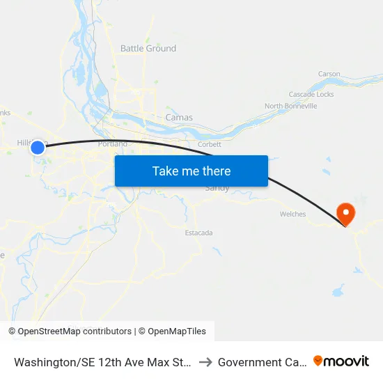 Washington/SE 12th Ave Max Station to Government Camp map