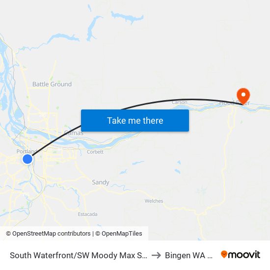 South Waterfront/SW Moody Max Station to Bingen WA USA map