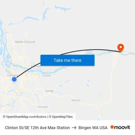 Clinton St/SE 12th Ave Max Station to Bingen WA USA map