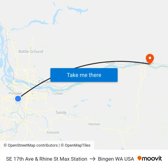 SE 17th Ave & Rhine St Max Station to Bingen WA USA map