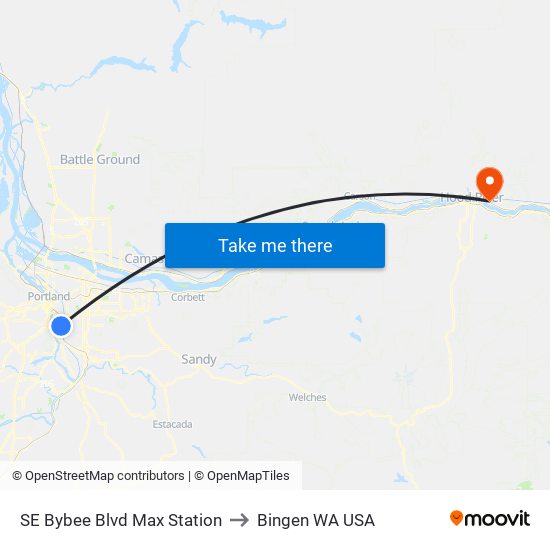 SE Bybee Blvd Max Station to Bingen WA USA map