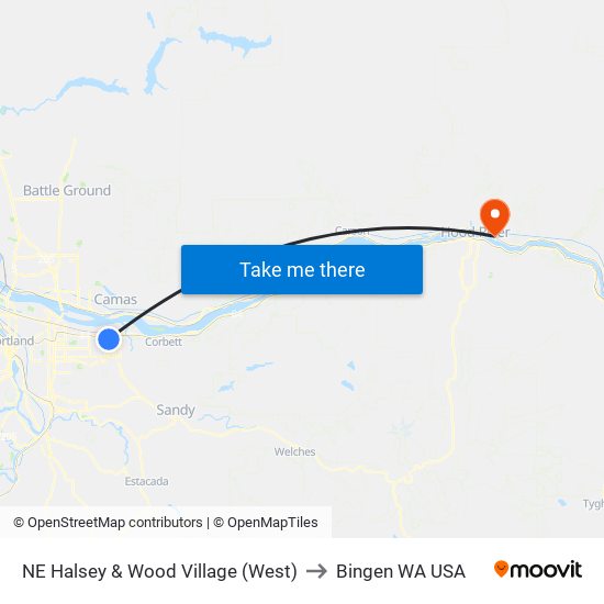 NE Halsey & Wood Village (West) to Bingen WA USA map