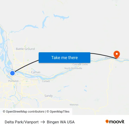 Delta Park/Vanport to Bingen WA USA map