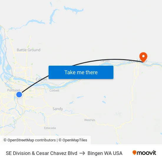 SE Division & Cesar Chavez Blvd to Bingen WA USA map