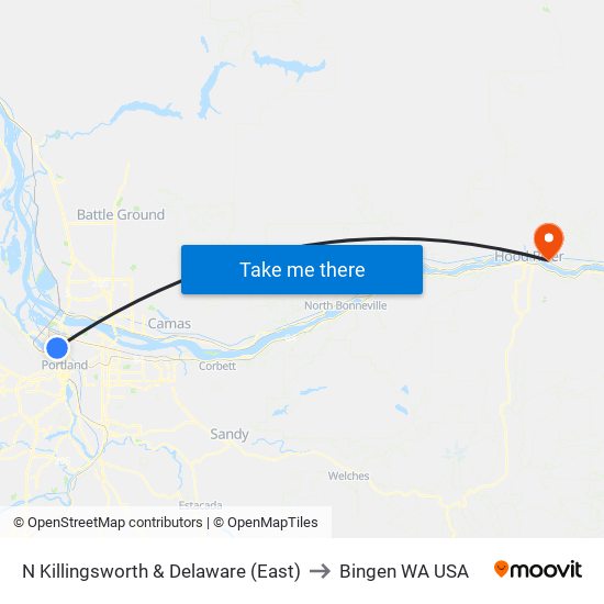 N Killingsworth & Delaware (East) to Bingen WA USA map