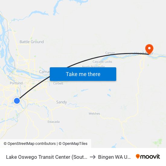 Lake Oswego Transit Center (South) to Bingen WA USA map