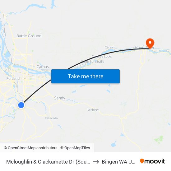 Mcloughlin & Clackamette Dr (South) to Bingen WA USA map