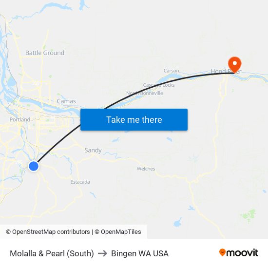 Molalla & Pearl (South) to Bingen WA USA map