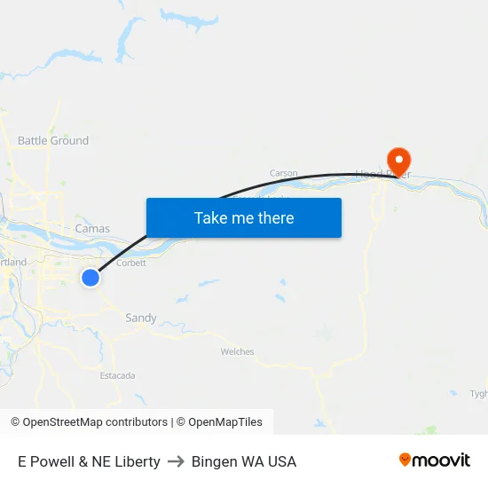E Powell & NE Liberty to Bingen WA USA map