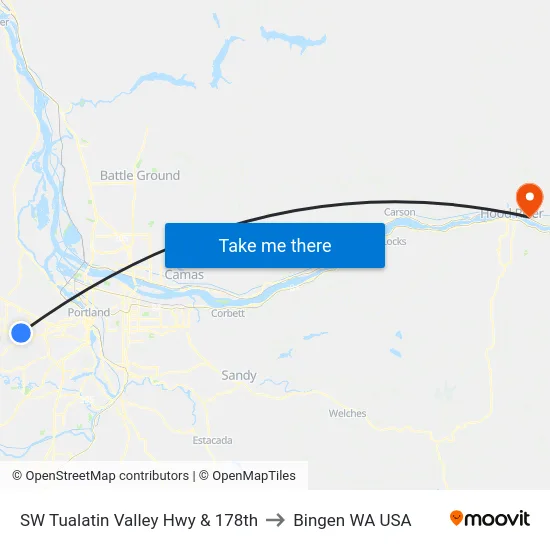 SW Tualatin Valley Hwy & 178th to Bingen WA USA map