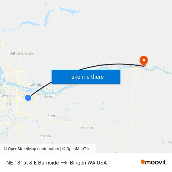 NE 181st & E Burnside to Bingen WA USA map