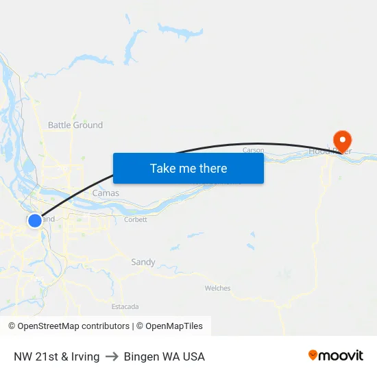 NW 21st & Irving to Bingen WA USA map