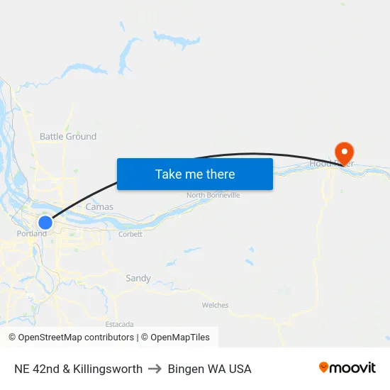 NE 42nd & Killingsworth to Bingen WA USA map