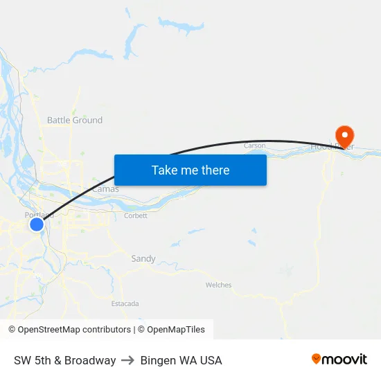 SW 5th & Broadway to Bingen WA USA map
