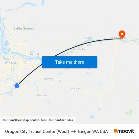 Oregon City Transit Center (West) to Bingen WA USA map