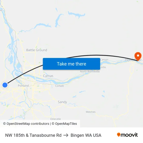 NW 185th & Tanasbourne Rd to Bingen WA USA map