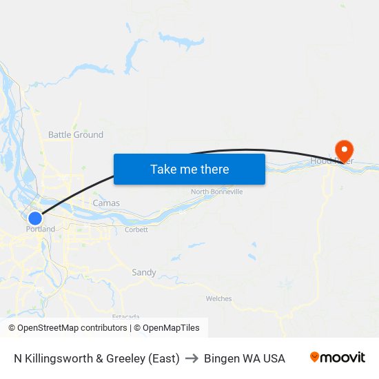N Killingsworth & Greeley (East) to Bingen WA USA map