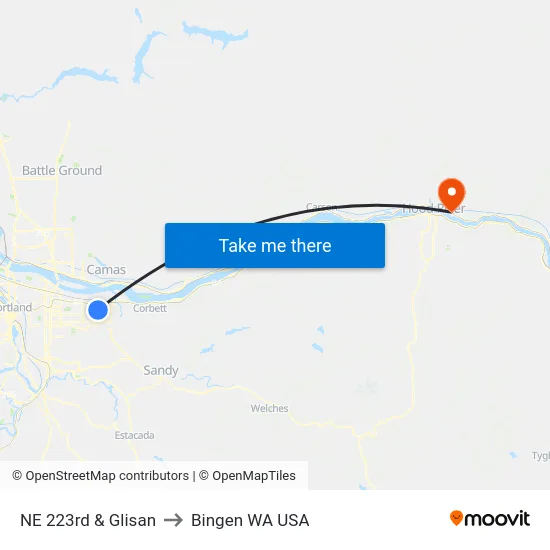 NE 223rd & Glisan to Bingen WA USA map