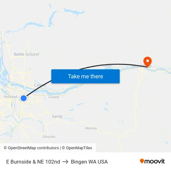 E Burnside & NE 102nd to Bingen WA USA map