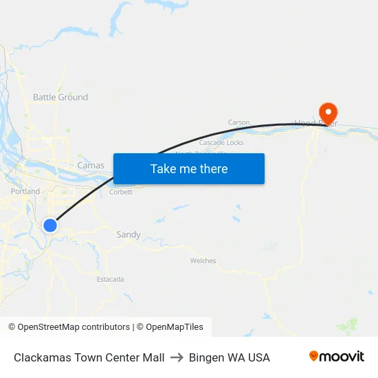 Clackamas Town Center Mall to Bingen WA USA map